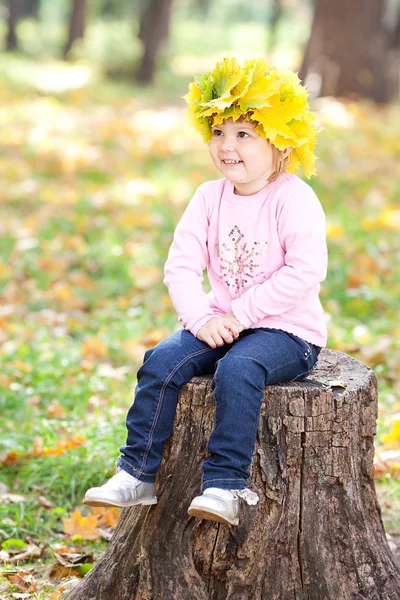 メープルの花輪の美しい小さな女の子葉ステューの上に座って — ストック写真