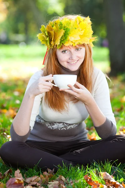 Joven pelirroja adolescente mujer en una corona de hojas de arce con cu — Foto de Stock