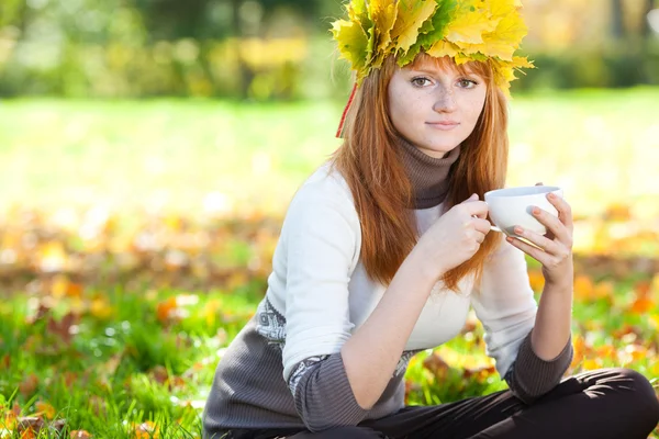 Giovane donna adolescente rossa in una ghirlanda di foglie d'acero con cu — Foto Stock