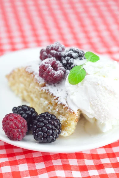 Cake with icing, icecream, raspberry, blackberry and mint on a pl — стоковое фото