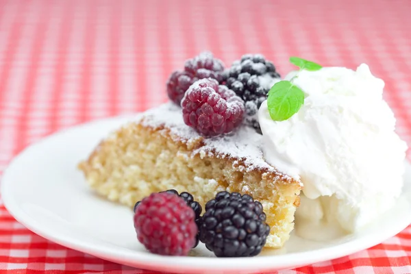 Cake with icing, icecream, raspberry, blackberry and mint on a pl — стоковое фото