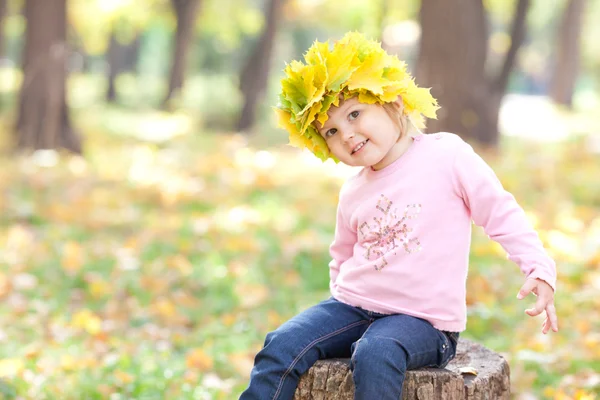 Beautiful little girl in a wreath of maple leaves in autumn fore — Stock Photo, Image