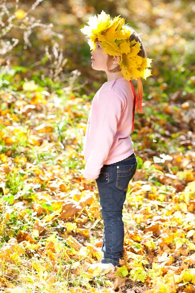 Szép kislány, a juhar koszorút levelek ősszel előtérbe — Stock Fotó