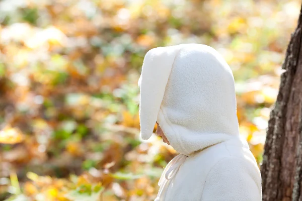 Hermosa niña en traje conejito en el bosque de otoño — Foto de Stock