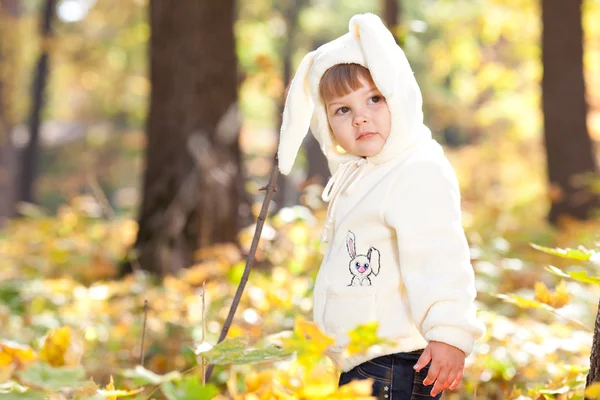 Linda menina no traje coelho na floresta de outono — Fotografia de Stock