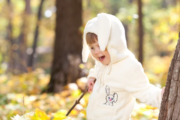 Güzel küçük bir kız olarak sonbahar ormandaki bunny kostüm — Stok fotoğraf