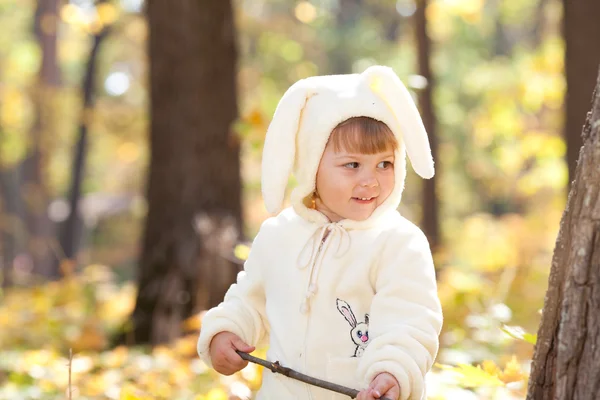 Vacker liten flicka i kostym kanin i skogen höst — Stockfoto