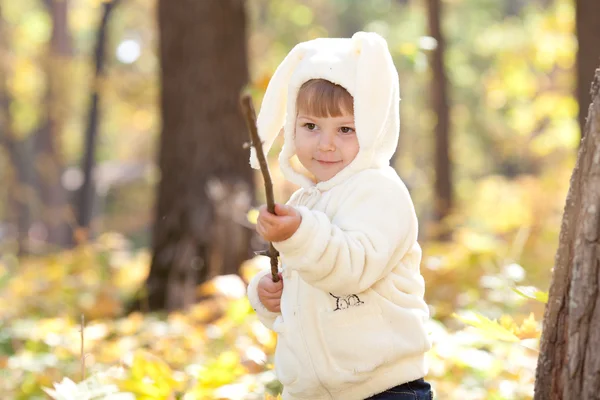 Güzel küçük bir kız olarak sonbahar ormandaki bunny kostüm — Stok fotoğraf