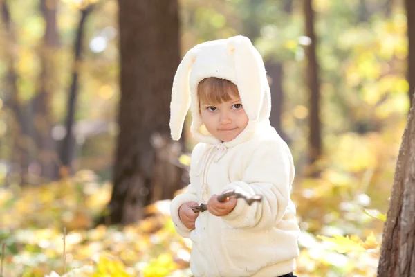 Linda menina no traje coelho na floresta de outono — Fotografia de Stock