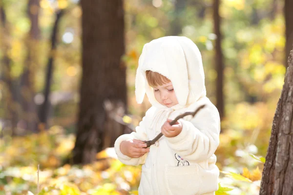 漂亮的小女孩在服装小兔子在秋天的森林中 — 图库照片