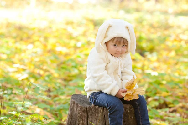 Bella bambina in costume coniglietto nella foresta autunnale — Foto Stock