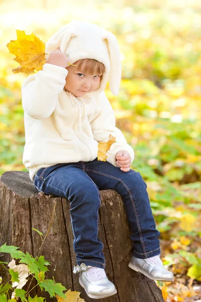 Krásná holčička v kostým zajíčka v podzimním lese — Stock fotografie