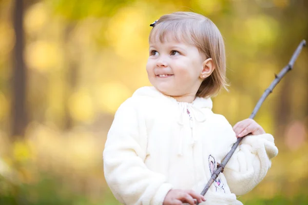 Vacker liten flicka med en pinne på hösten skogen — Stockfoto