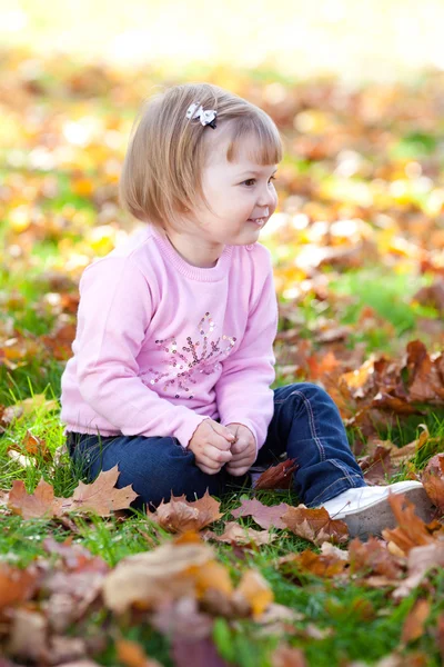 Vacker liten flicka sitter på hösten lämnar — Stockfoto