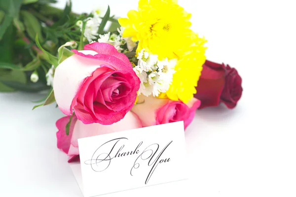 Roses, chamomile, chrysanthemums and a card with the words thank — Stock Photo, Image