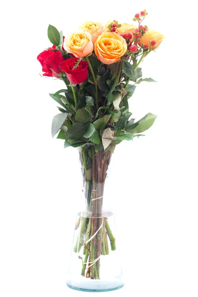 Bouquet of colorful roses in a vase on white background — Stock Photo, Image