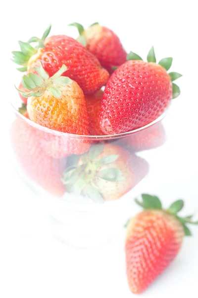 Big red strawberries in a glass bowl — Stock Photo, Image
