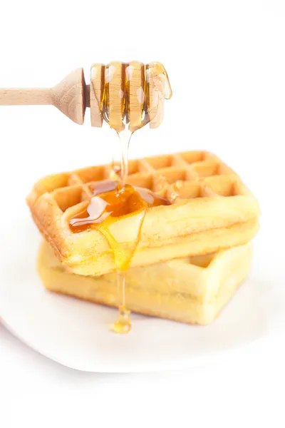 Waffles belgas em um prato, pau para mel e mel isolado o — Fotografia de Stock