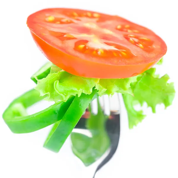 Tomato ,lettuce,fork ,cucumber and pepper isolated on white — Stock Photo, Image
