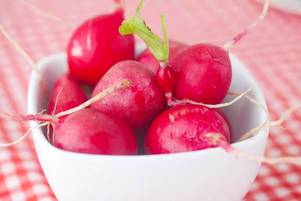 Rädisa i skål på rutig tyg — Stockfoto