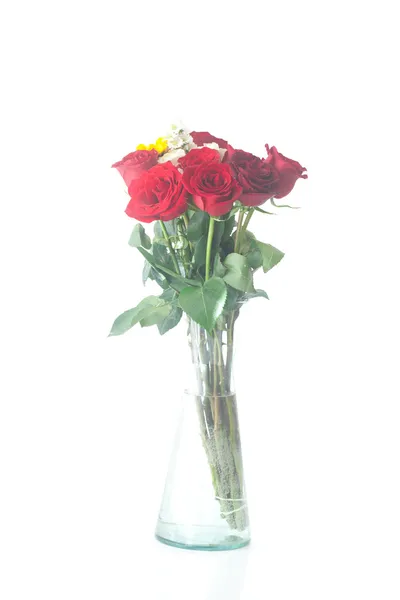 Bouquet of red roses and sunflower in a vase — Stock Photo, Image