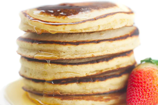 Pancakes, honey and strawberry isolated on white — Stock Photo, Image