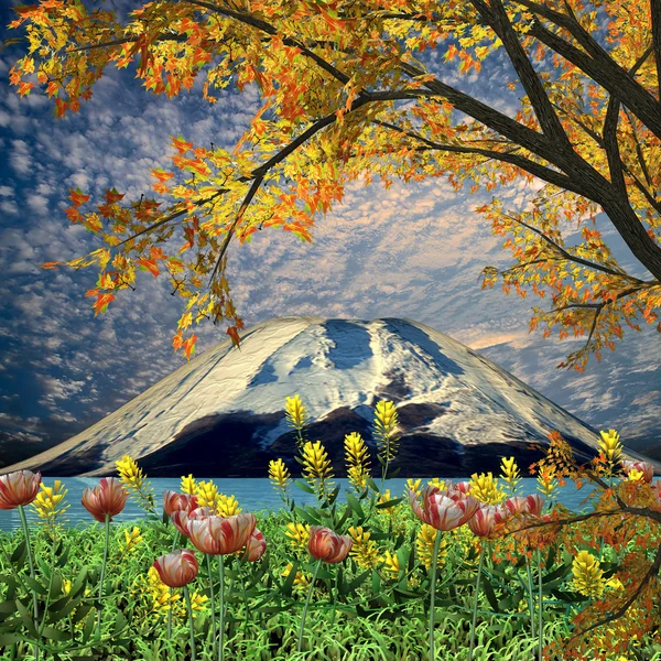 Kırmızı yaprak ile inanılmaz dağ — Stok fotoğraf
