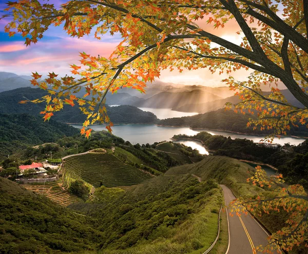 Montanha incrível com folha vermelha — Fotografia de Stock