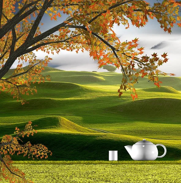 お茶のポットと素敵な緑とカエデ — ストック写真
