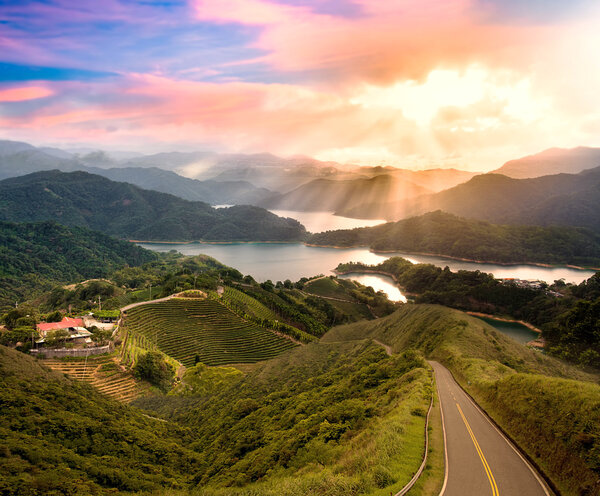 Beautiful sunset with green road