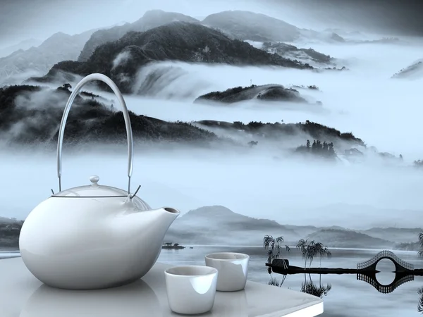 茶壶和桌上的杯子 — 图库照片