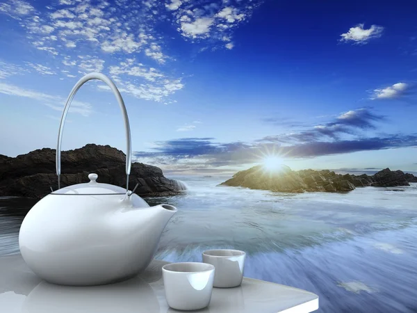 茶壶和桌上的杯子 — 图库照片