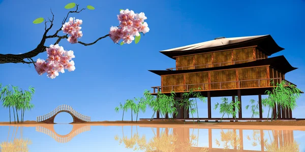 Sakura met mooi houten huis — Stockfoto