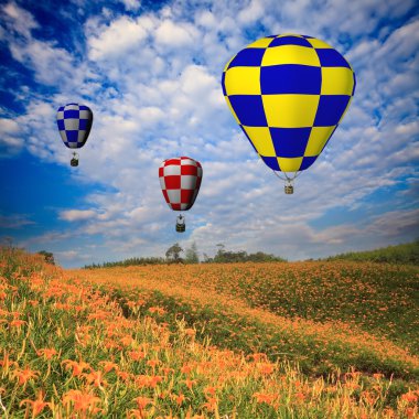 sıcak hava balonu ile yeşil alan ve mavi gökyüzü