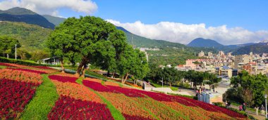 San-Tseng-Chi Şehir Parkı açık güneşli bir günde, Tayvan 'ın Taipei şehrinde, Beitou İlçesi' nde, çiçek festivali sırasında, mavi gökyüzünün altında, tepede renkli çiçek tarlalarıyla