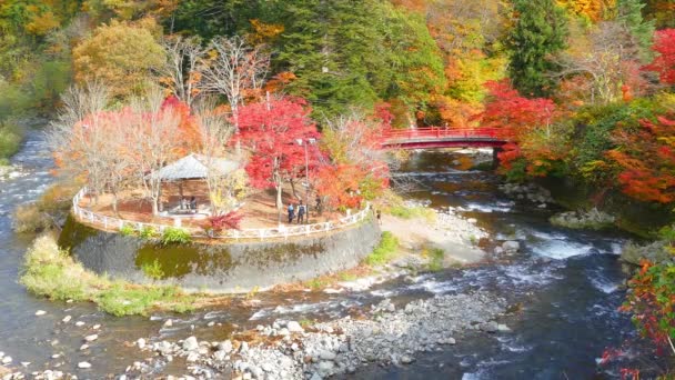 Czerwony Most Strumień Fudo Górze Nakano Momiji Jesienią Mieście Kuroishi — Wideo stockowe