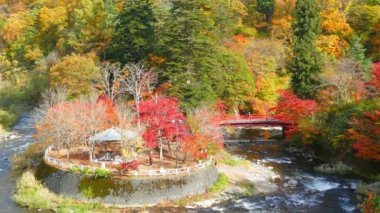 Nakano Dağı 'nda kırmızı köprü ve Fudo deresi - Kuroishi şehrinde sonbaharda Momiji, Aomori ili, Tohoku bölgesi, Japonya