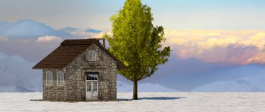 3 boyutlu ağaç ve ev, kışın gökyüzüne karşı yaprak kaplı.