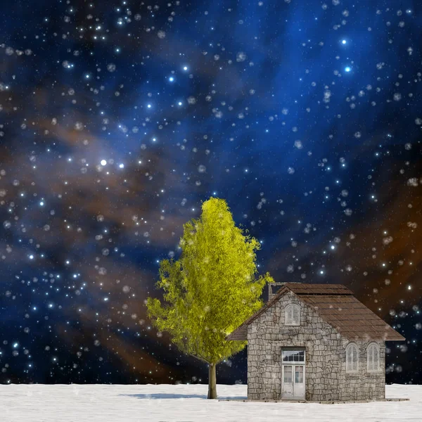 Albero Rendering Casa Foglia Piena Inverno Contro Cielo — Foto Stock