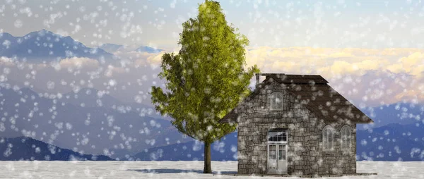 Απόδοση Δέντρο Και Σπίτι Πλήρη Φύλλα Χειμώνα Ενάντια Στον Ουρανό — Φωτογραφία Αρχείου