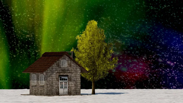 Albero Rendering Casa Foglia Piena Inverno Contro Cielo — Foto Stock