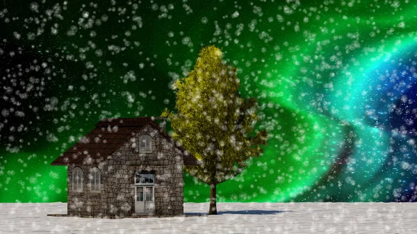 在冬季的天空中 3D渲染树和房子长满了叶子 — 图库照片