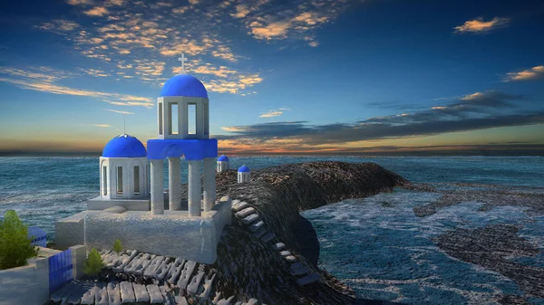 Rendering Famous Blue Dome Churches Oia — 스톡 사진