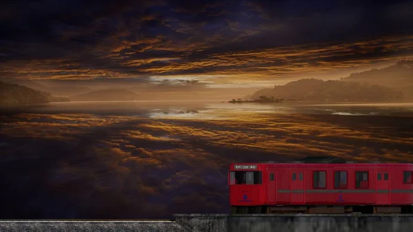 Vykreslování Krásného Vlaku Nádraží Pěknou Horou — Stock fotografie