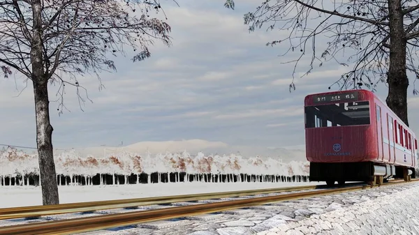 Renderowania Pociągu Ładnym Tle Chińskie Znaki Oznaczają Bezpośredni Pociąg Jedzie — Zdjęcie stockowe