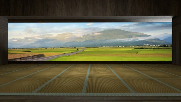 3Dレンダリング伝統的な日本の部屋は美しいカラフルな景色を見ることができます — ストック写真