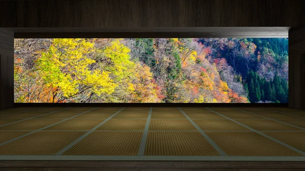 3Dレンダリング伝統的な日本の部屋は美しいカラフルな景色を見ることができます — ストック写真