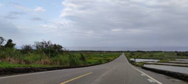 Güzel teraslı pirinç tarlası ve yol manzarası. Taitung, Tayvan.