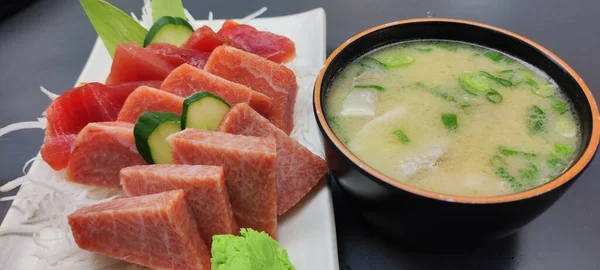 Premium Fresh Japanese Seafood Sashimi Set Black Japanese Bowl Miso — Stock Photo, Image