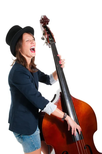 Woman in black hat play double bass — Stock Photo, Image